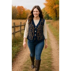 Vintage 80s L Country Store Embroidered Beads Knit Vest Cottagecore Farm Cowgirl